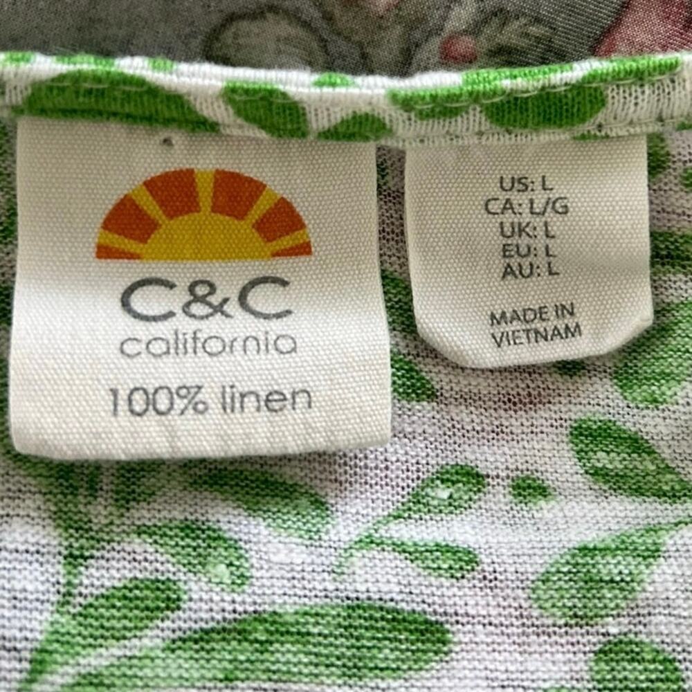 C&C California Green White Floral Linen T Shirt Top Womens L Botanical Boho - Picture 5 of 7